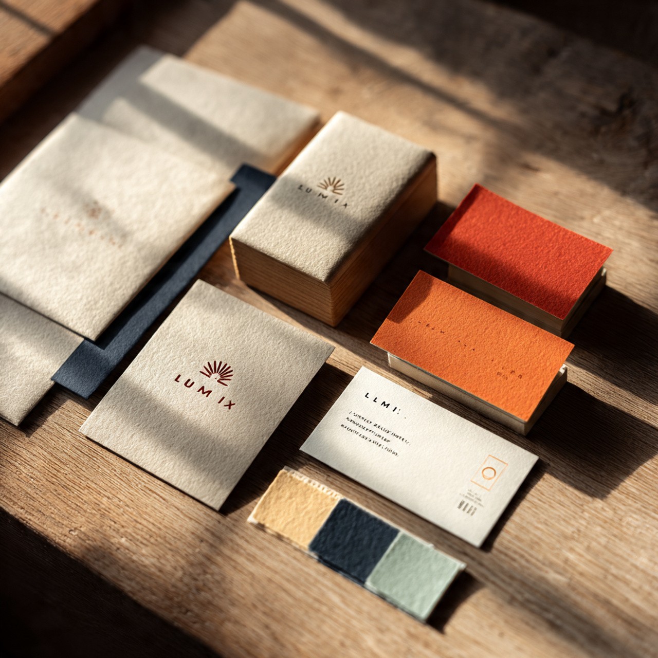 Business stationery and branding materials, including cards and color swatches.