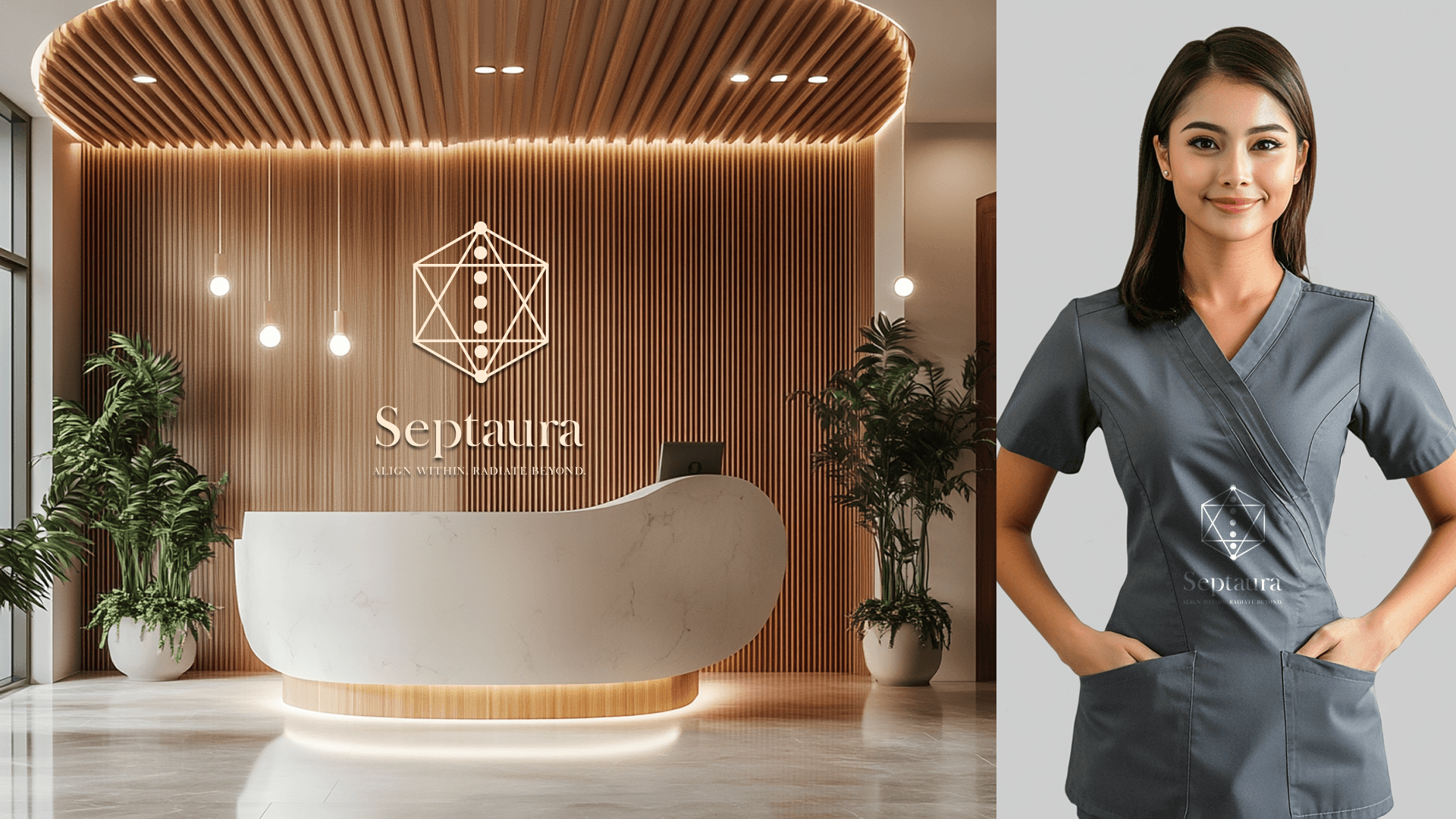 Septaura wellness brand in reception space and branded staff uniform — Penguincil Design