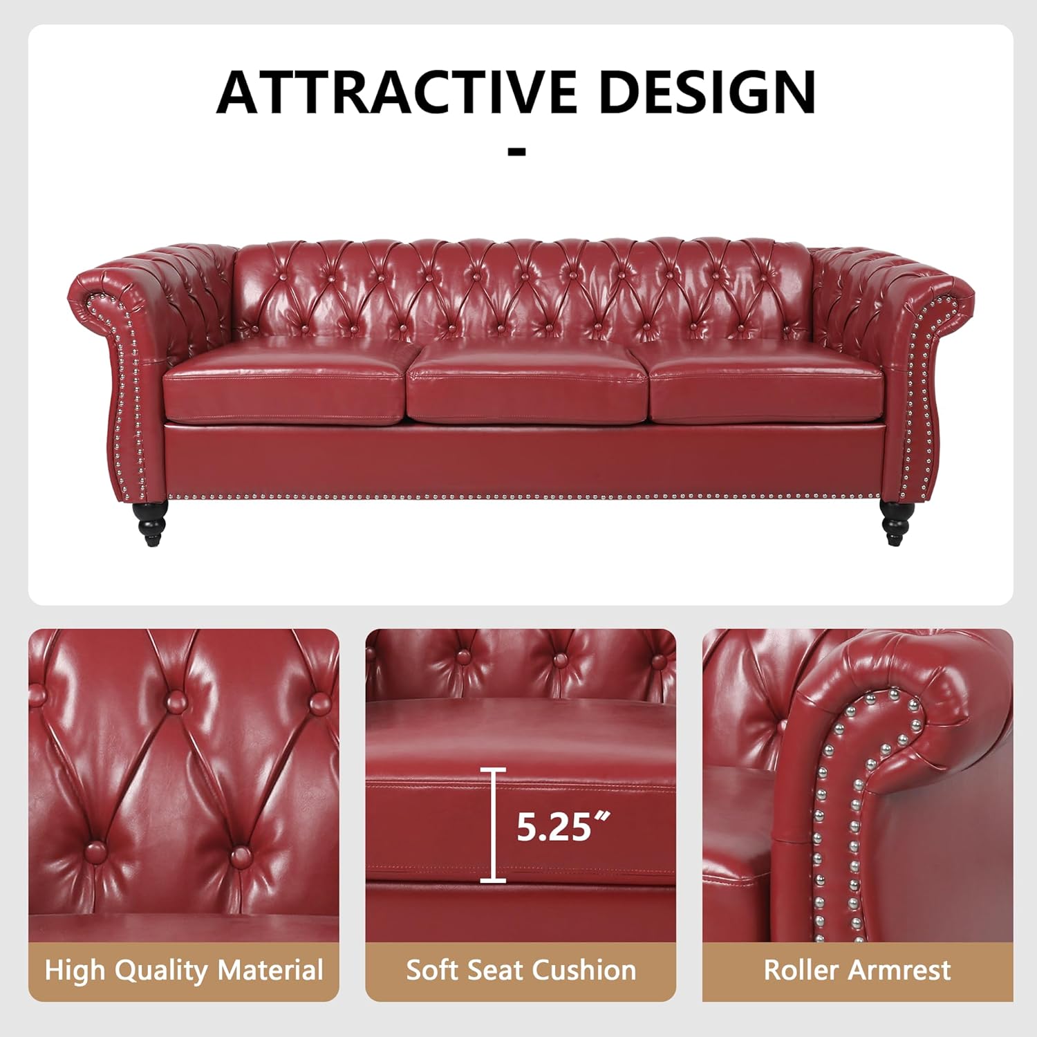 Classic Chesterfield couch with deep button tufting, rolled arms, and rich brown leather upholstery, offering a timeless and elegant look.