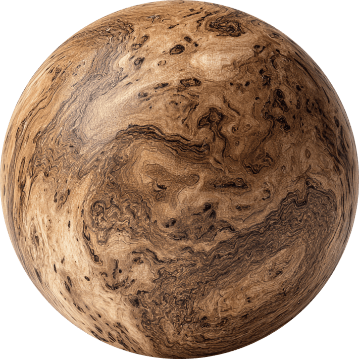 Close-up of a wood sphere with swirled grain patterns, showcasing unique knots and textures in shades of brown and tan.