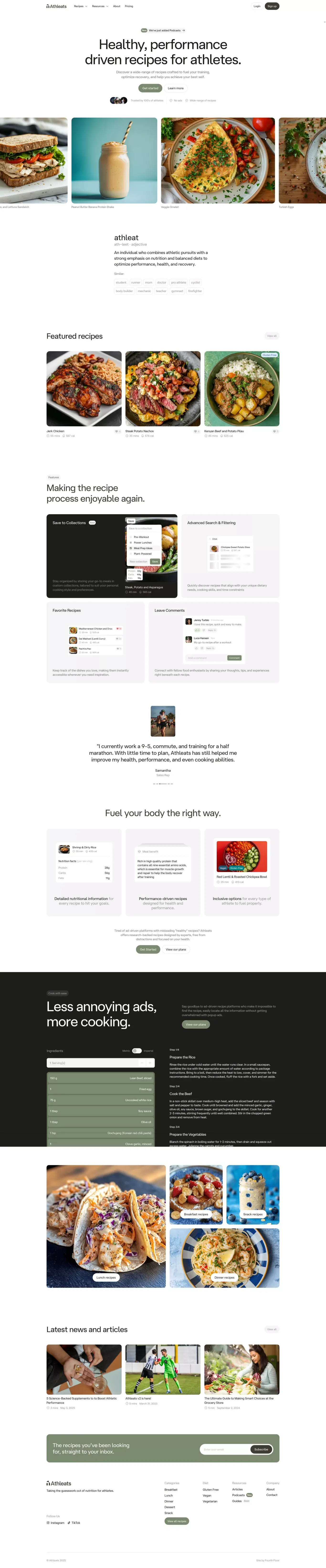 Athleats landing page screenshot showcasing Food & Drinks and Health & Fitness design