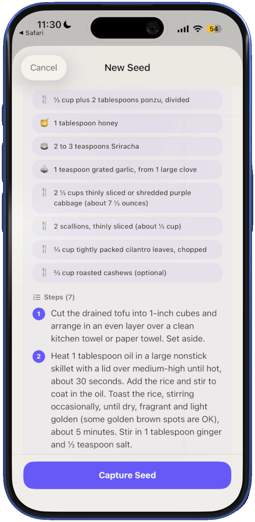 Capture sheet scrolled to structured ingredients and numbered steps