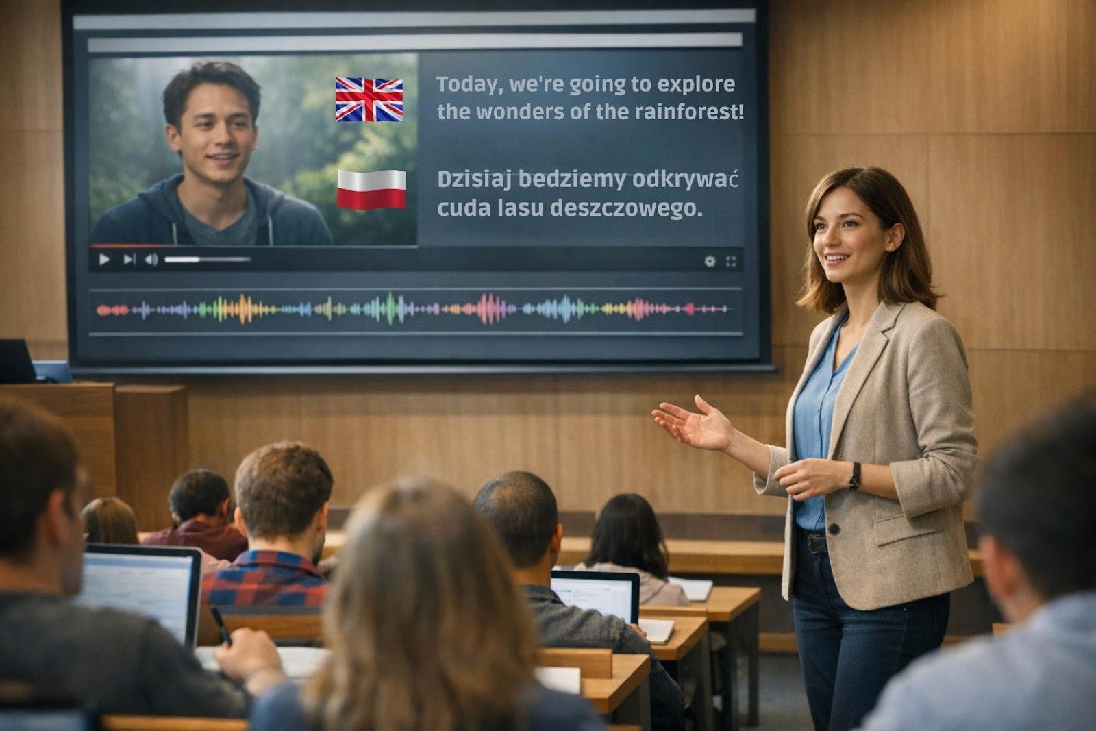 Dubbing solution for internal training video displayed in classroom setting with multilingual audio playback interface.