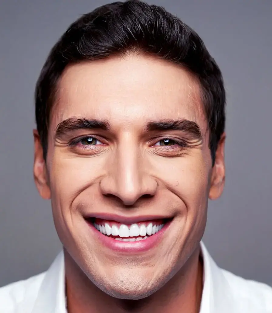 Close-up of a man smiling, showing white teeth and clear skin.