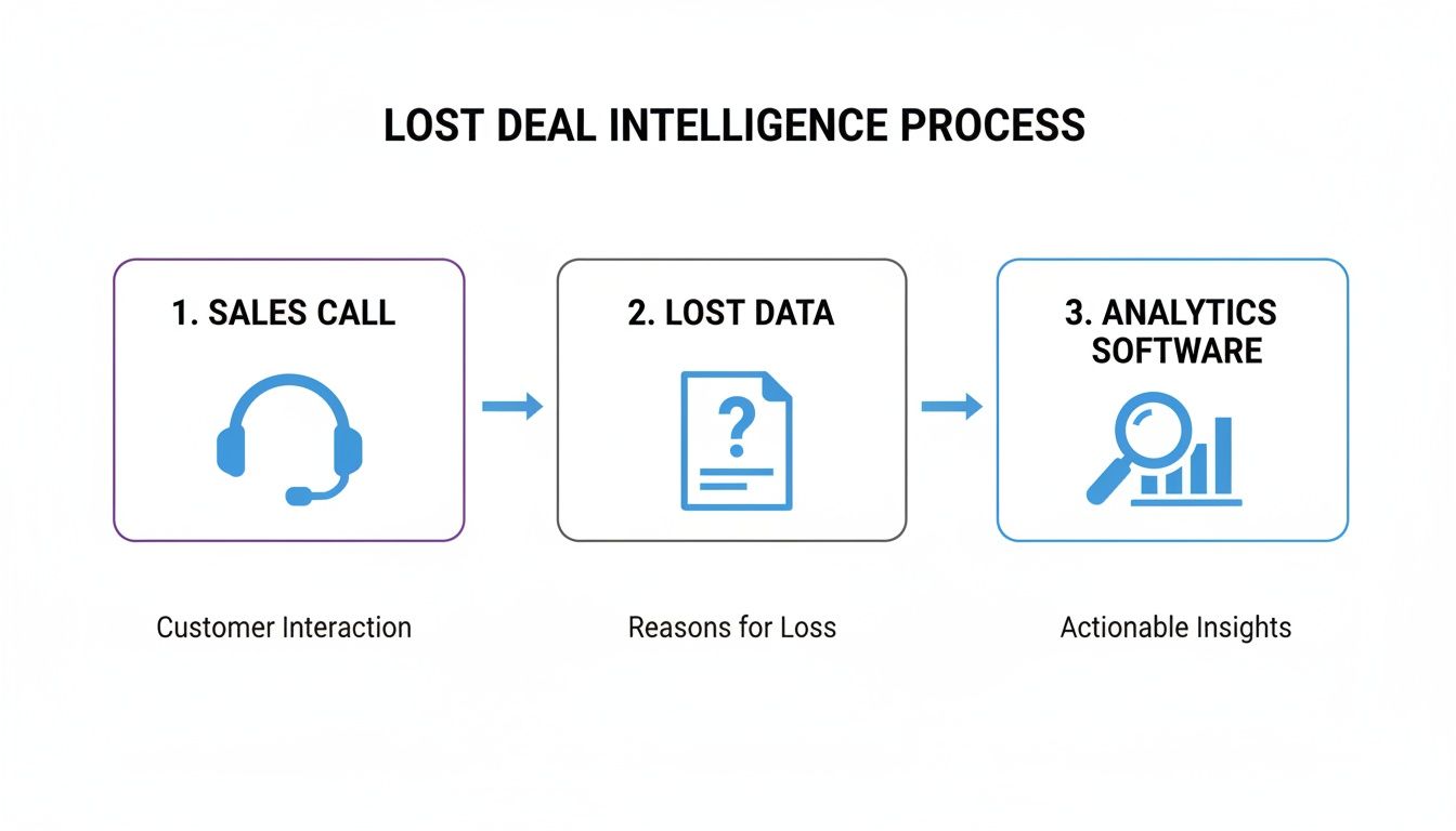 A diagram illustrating the lost deal intelligence process, from sales calls to identifying reasons for loss, and finally to actionable insights via analytics software.