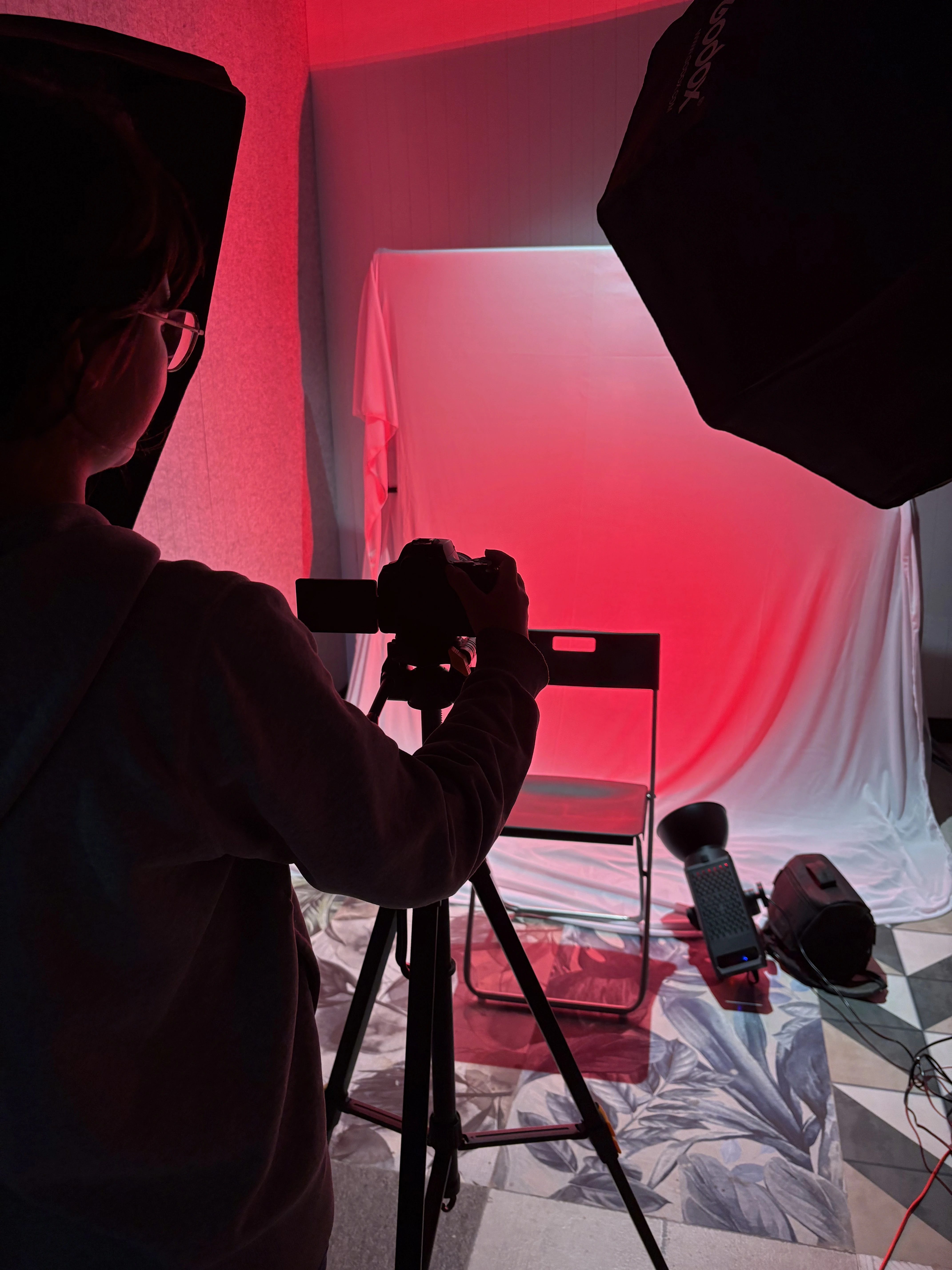 Studio setup with kitchenette and makeup area