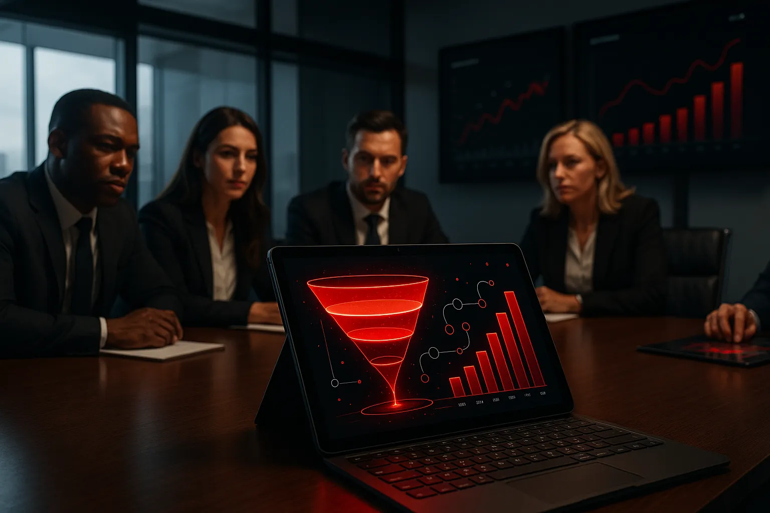 Business team in meeting, laptop showing marketing graphs. RockN' Socials agency.