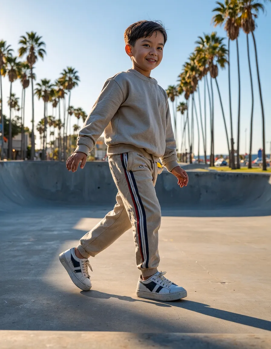 Child in beige athleisure outfit walking at a skatepark with palm trees in background during golden hour