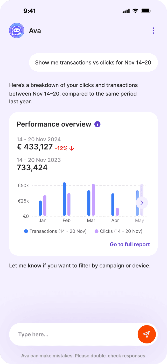UX UI design of AI mobile finance app dashboard with charts and performance overview for business growth