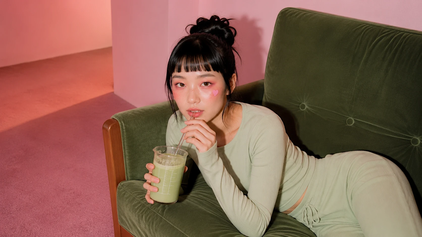 Hot water being poured over bright green matcha powder