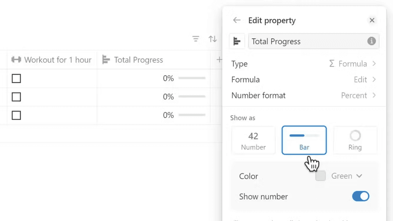 Image demonstrating how to create a progress bar in Notion.