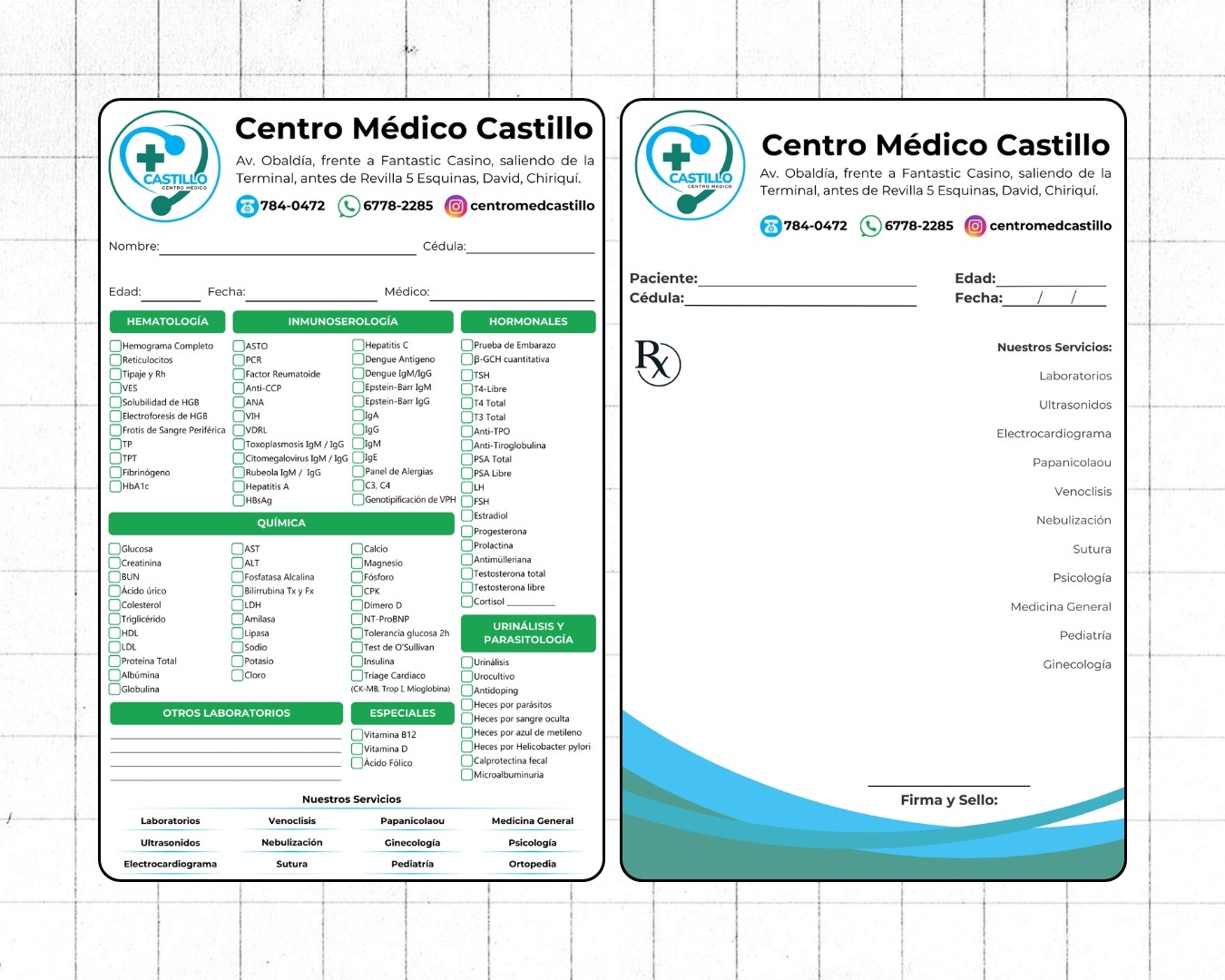 Proyecto de diseño gráfico para el Centro Médico Castillo en David, Chiriquí, Panamá. Se desarrollaron plantillas personalizadas para recetas médicas y ordenes de laboratorio con identidad visual coherente, colores institucionales y estructura clara para facilitar el uso clínico y reforzar la imagen profesional del centro médico