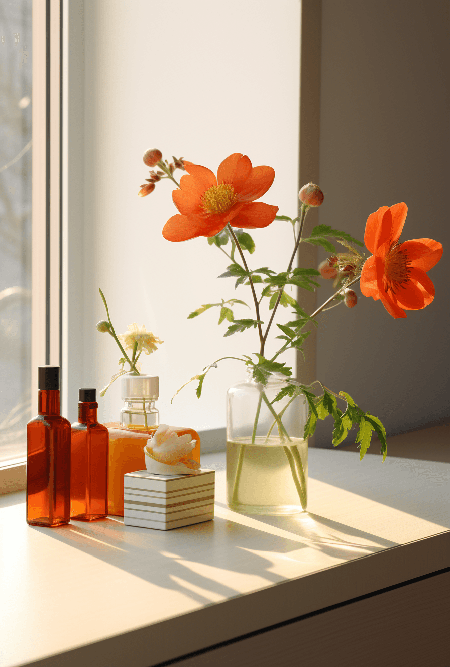 A serene image featuring vibrant orange flowers in a glass vase, accompanied by elegant amber bottles and a neatly arranged skincare product box, all beautifully lit by natural sunlight streaming through the window.