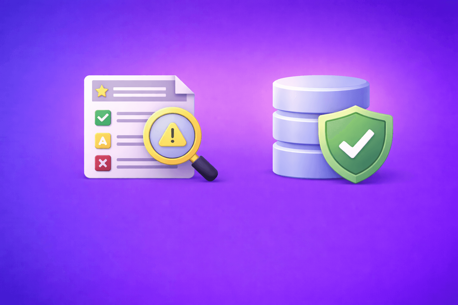 Customer screening fintech illustration with magnifying glass icon on blue to purple gradient background, representing AML compliance, real-time risk assessment, and identity verification for financial institutions.