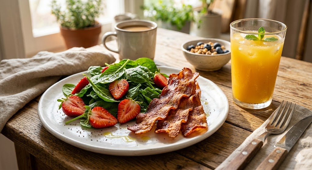A white ceramic plate with three crispy, wavy air-fried turkey bacon strips leaning against fresh baby spinach and strawberries on a rustic wooden table.