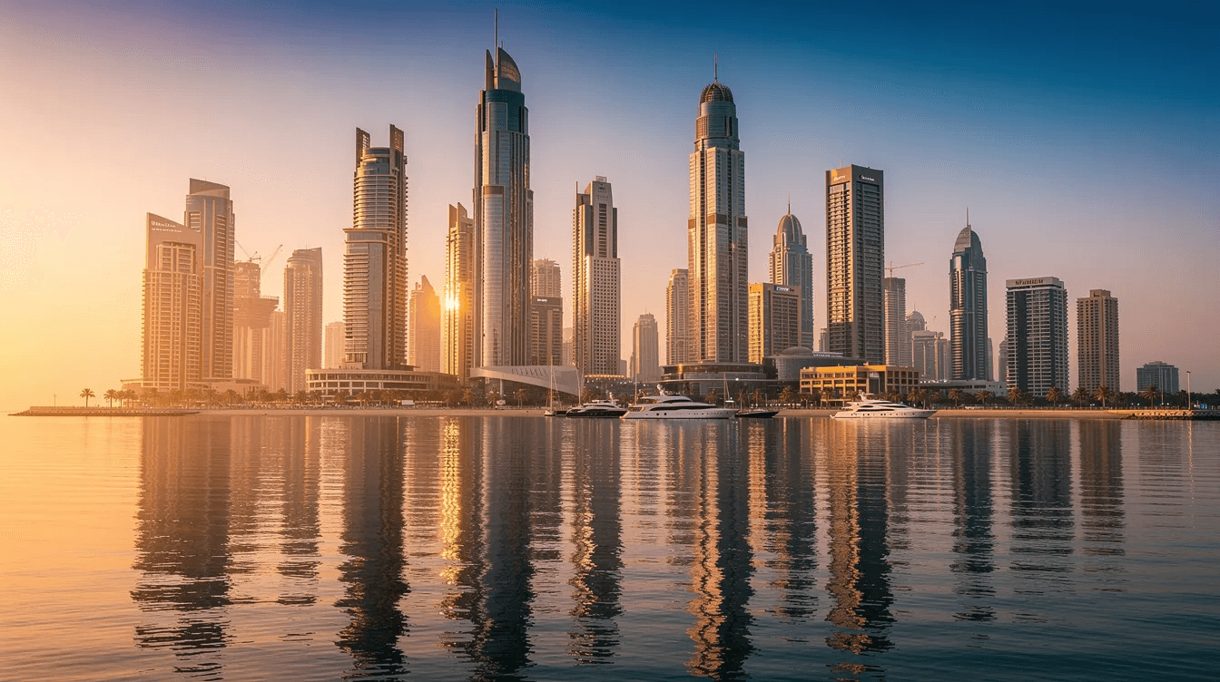 The image depicts the modern Dubai skyline at golden hour, showcasing sleek glass towers that reflect the warm sunlight over the waterfront. This visually appealing scene highlights Dubai's innovative architecture and vibrant atmosphere, embodying the essence of a thriving business hub and a design agency in Dubai.