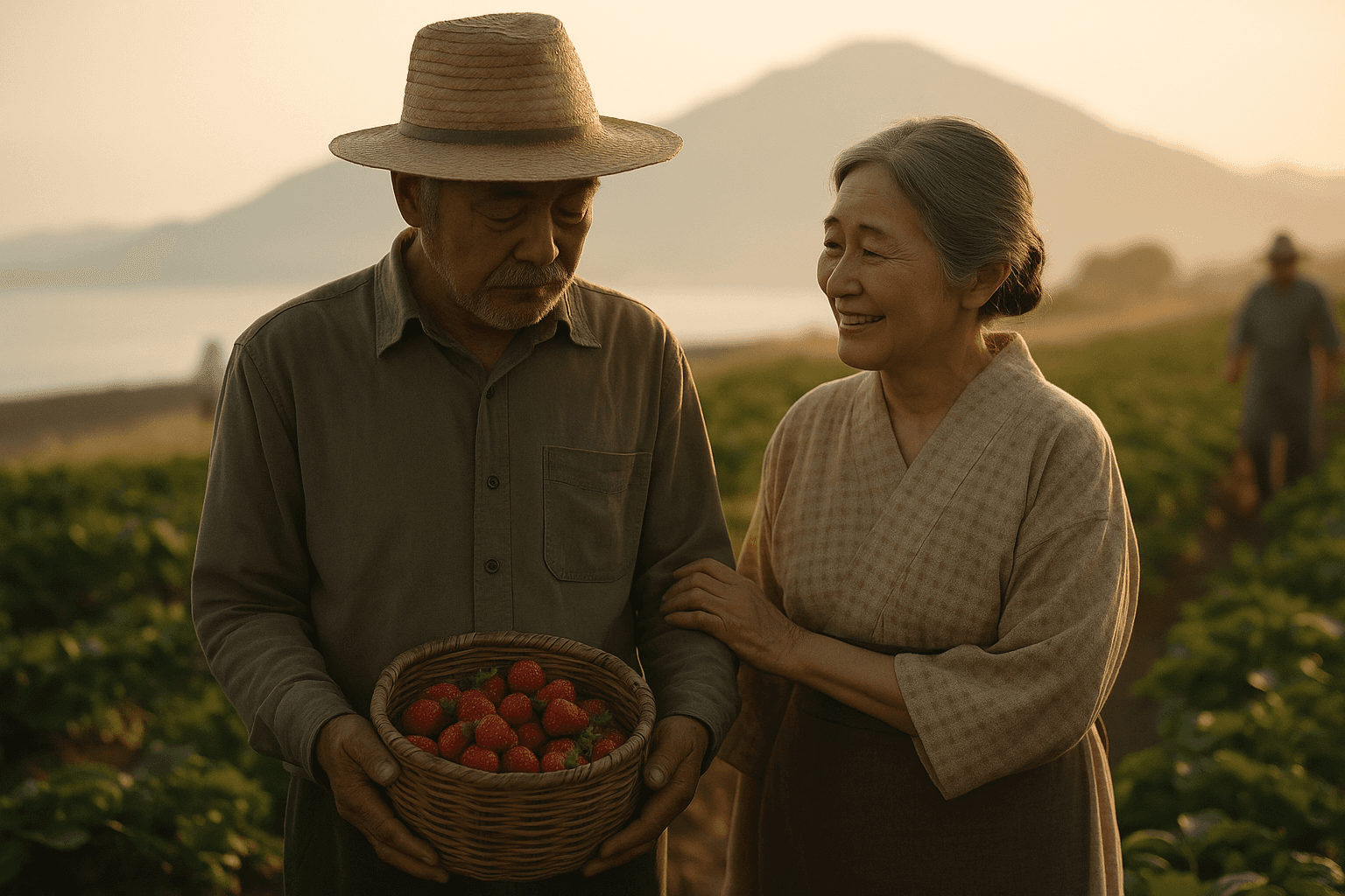 Elderly Japanese couple standing in a strawberry field at sunset, the woman smiling gently at the man while holding a closed notebook