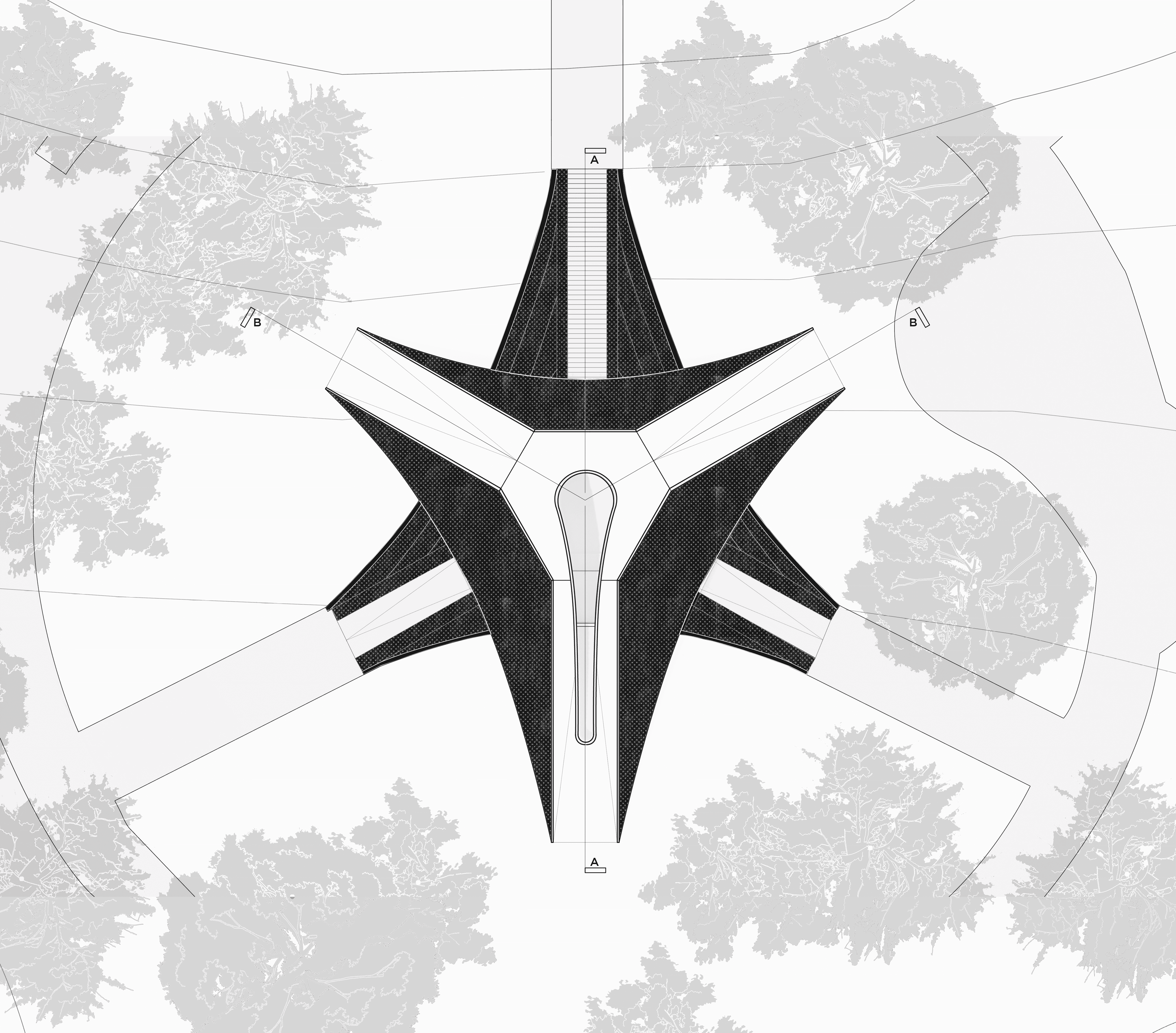 Upper wing of the pavilion acting as an informal bridge.