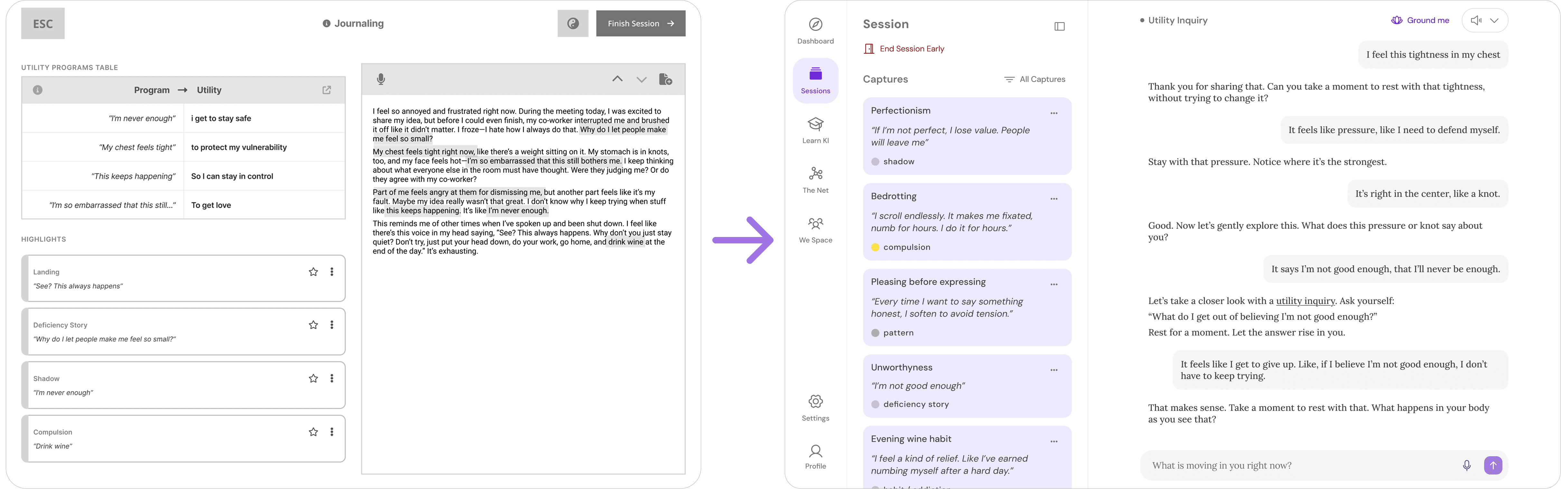 Image showing journal-based wireframe and a mockup of the new approach which was conversational AI.