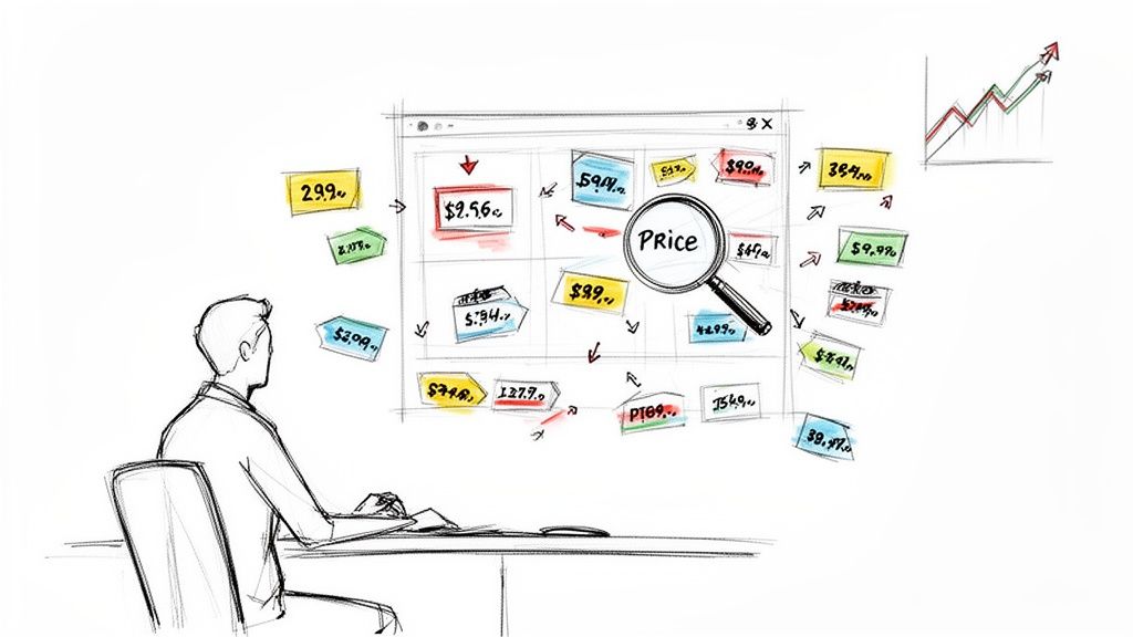 A person analyzes price changes on a computer screen with a magnifying glass and a rising graph.