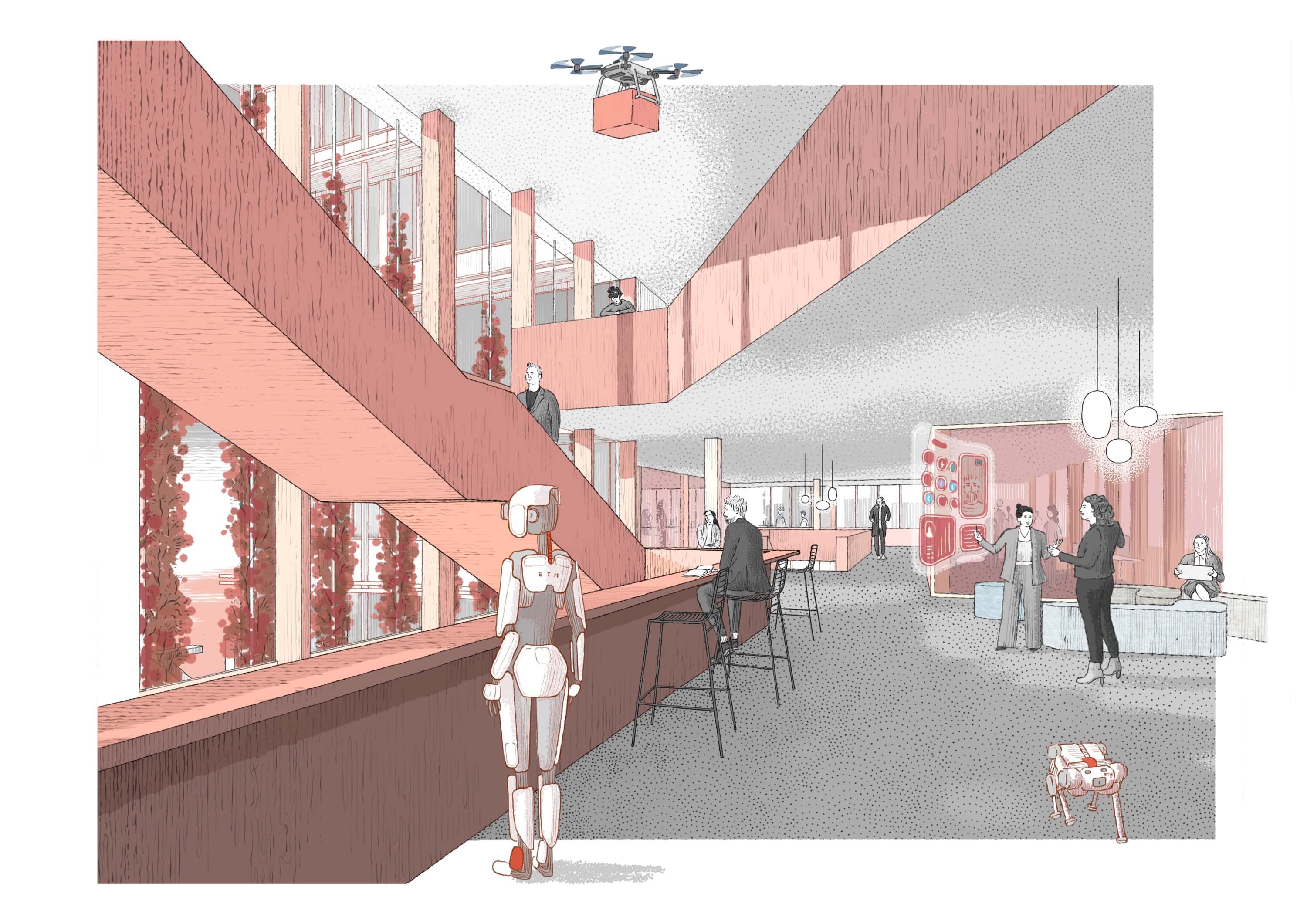 A stylized city scene, featuring buildings with pink tones, people walking, and a cloudy sky above.