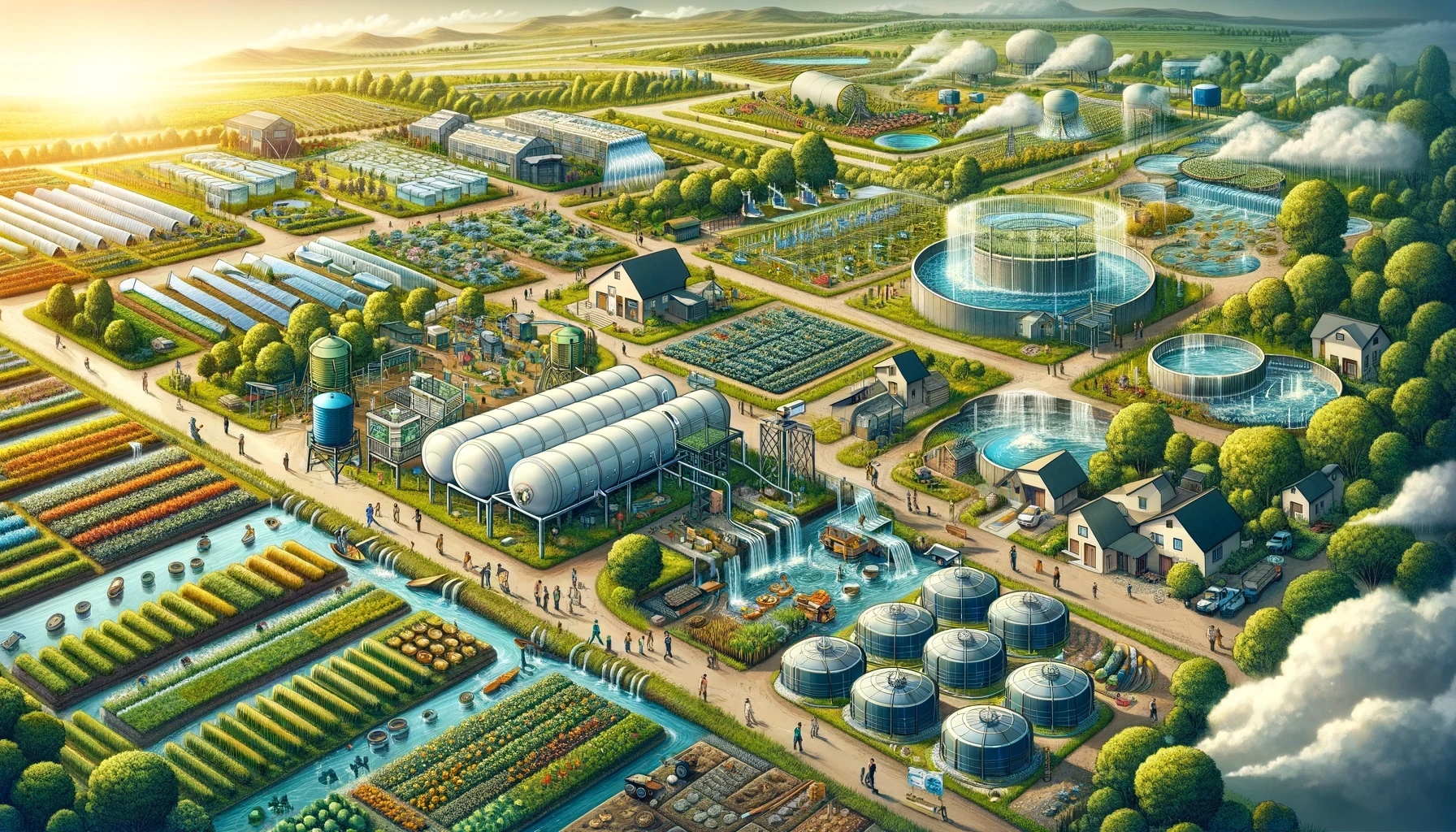 The image depicts a sprawling and well-organized agricultural landscape that combines modern technology with traditional farming practices to create a highly efficient and sustainable ecosystem. Key elements of the image include:  Greenhouses and Polytunnels:  Numerous greenhouses and polytunnels are visible throughout the landscape, used to cultivate a variety of crops in controlled environments. These structures are arranged in neat rows, indicating systematic farming practices. Water Management Systems:  Advanced irrigation systems, including large circular water tanks and vertical water systems, are prominently featured. These systems likely recycle and distribute water efficiently across the fields. Flowing canals and waterfalls are integrated into the landscape, suggesting effective water management and usage. Diverse Crop Fields:  The fields are filled with a diverse range of crops, organized into distinct plots. This includes rows of vegetables, fruits, and possibly grains. There are also aquatic farming sections, where water plants or fish farming might be taking place. Renewable Energy:  Wind turbines and solar panels are present, indicating the use of renewable energy sources to power the farm operations. The integration of these energy sources underscores the farm’s commitment to sustainability. Community and Residential Areas:  Small residential houses are scattered around the agricultural fields, suggesting a close-knit farming community. These homes are likely inhabited by the farmers and their families, who live and work on the farm. Technological Integration:  Various structures and devices hint at the use of modern agricultural technologies. This includes automated watering systems, temperature control within greenhouses, and possibly drones or robotic helpers. The presence of advanced machinery suggests a blend of traditional farming with cutting-edge technology. Educational and Research Facilities:  There appear to be buildings and areas dedicated to research and education, where new farming techniques and crops might be developed and tested. These facilities contribute to ongoing innovation and improvement in agricultural practices. Natural Integration:  The landscape includes plenty of green spaces and trees, contributing to biodiversity and a healthy ecosystem. The overall layout harmonizes natural elements with agricultural development, promoting environmental sustainability. Community Activities:  People are actively engaged in various farming activities such as planting, watering, and harvesting crops. This indicates a hands-on approach and community involvement in the farming process. There are pathways and walkways for easy movement around the farm, suggesting a well-planned infrastructure. Overall, the image portrays an ideal agricultural setup where modern technology, sustainable practices, and community living are integrated to create a productive and environmentally friendly farming ecosystem.