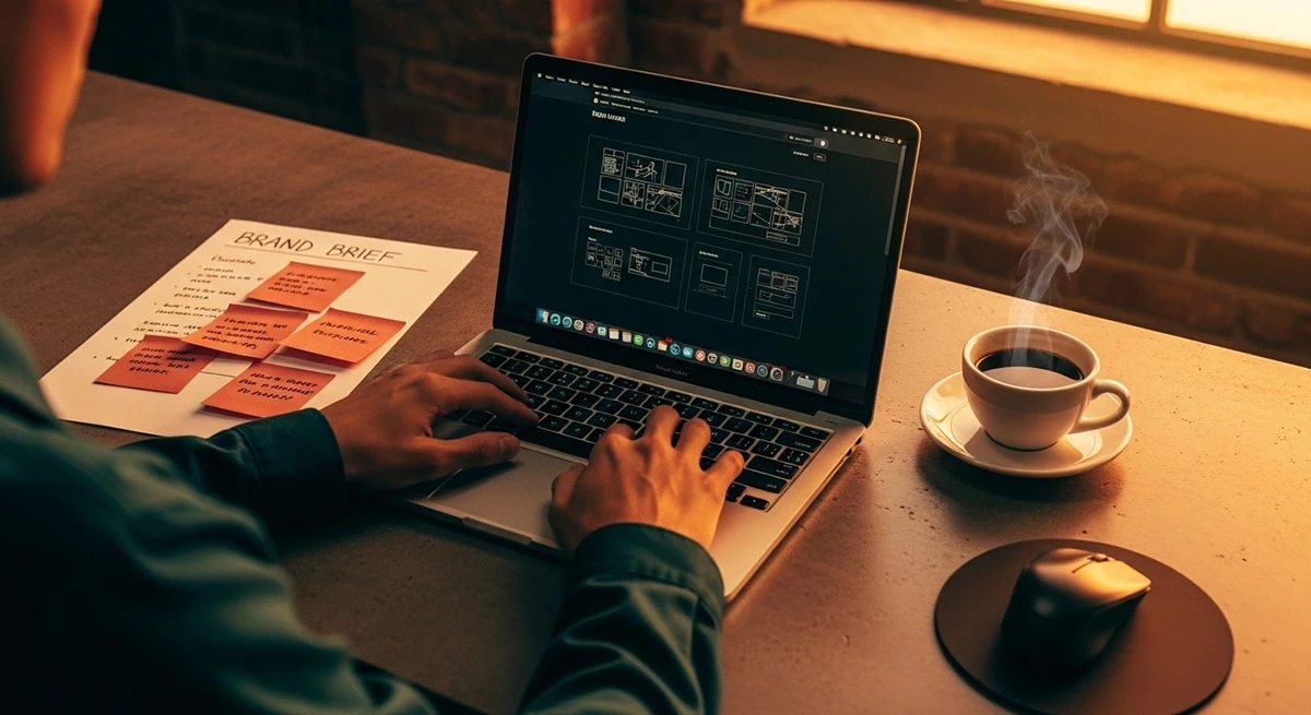 Designer typing on laptop beside brand brief document and sticky notes in warm creative workspace