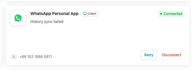 WhatsApp Personal App connection card showing History sync failed with Retry and Disconnect actions