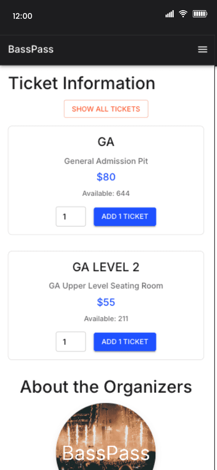 BassPass mobile app showing ticket availability and seating sections in a seating chart for EDM Festivals and raves