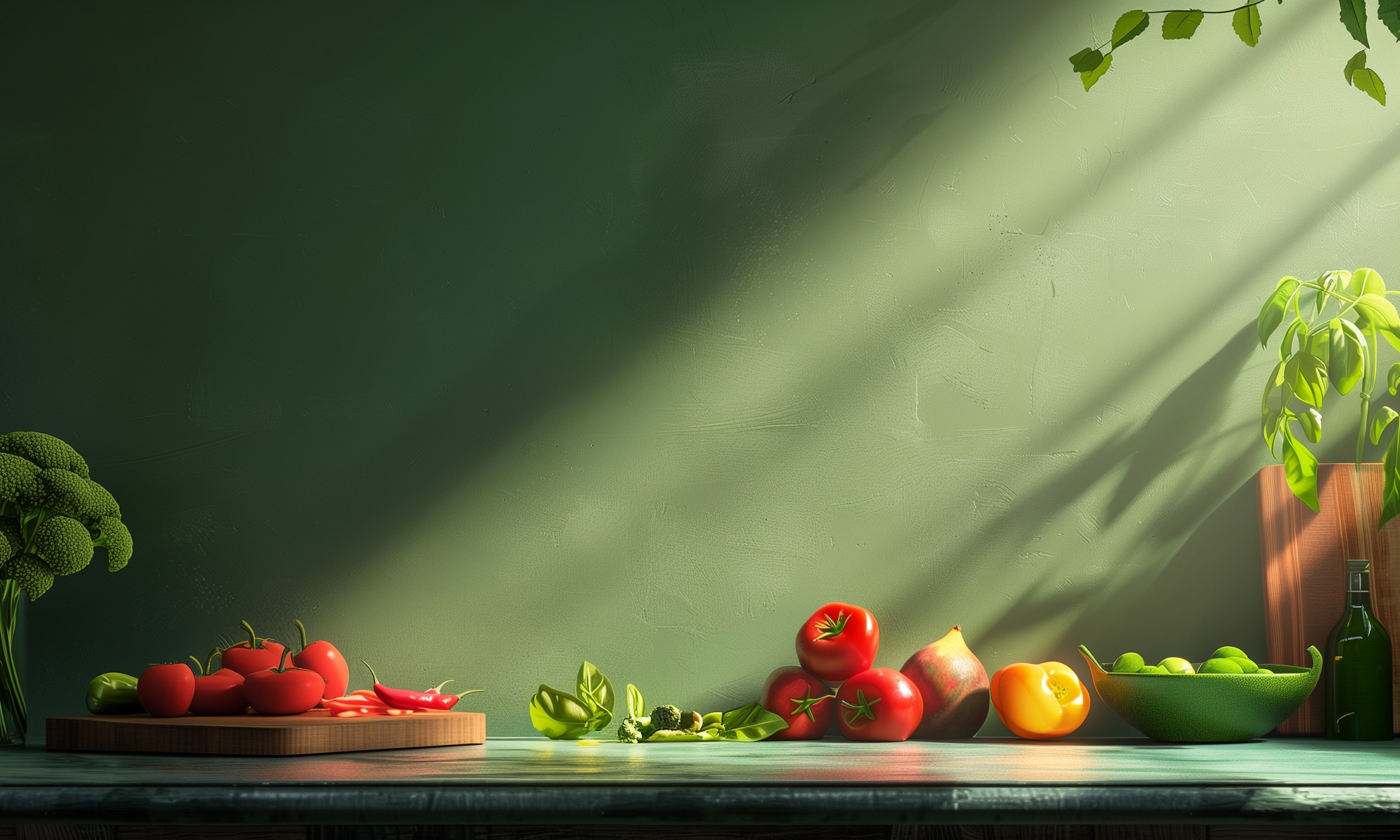 Green counter top with some healthy food