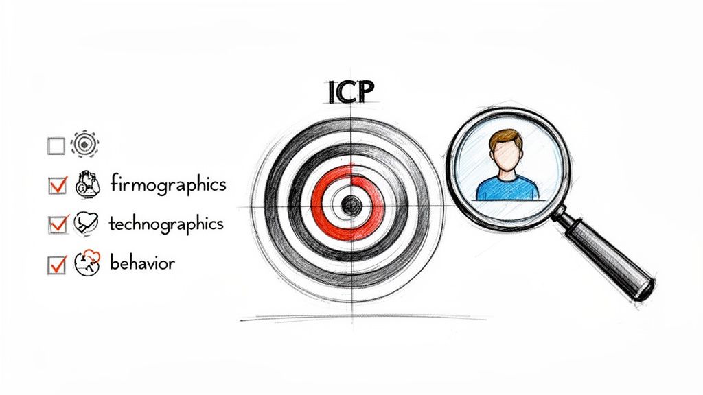 Defining an Ideal Customer Profile (ICP) using firmographics, technographics, and behavior data for effective targeting.