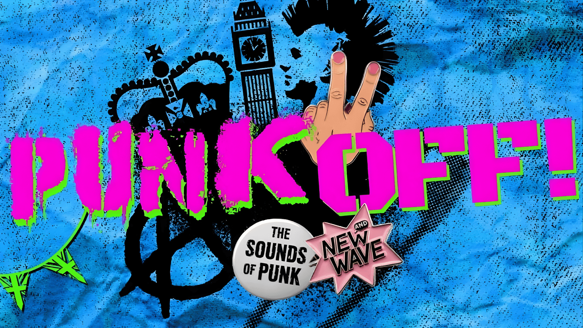 Punk Off event poster with London landmarks and punk symbols