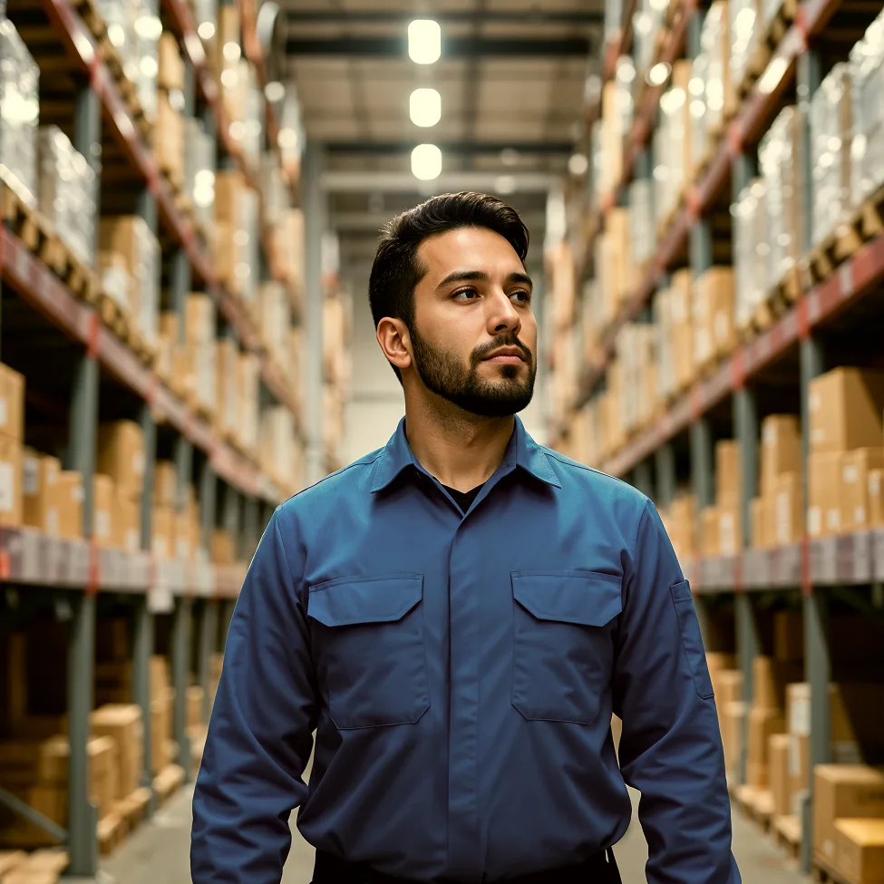 A person in a blue uniform stands in a warehouse aisle surrounded by shelves filled with boxes, representing inventory management and stock tracking.