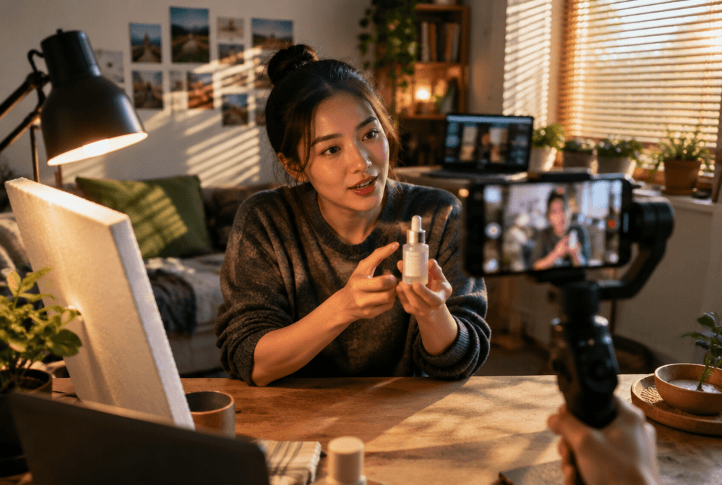 Solo creator filming a product demo on a phone gimbal in a small apartment studio