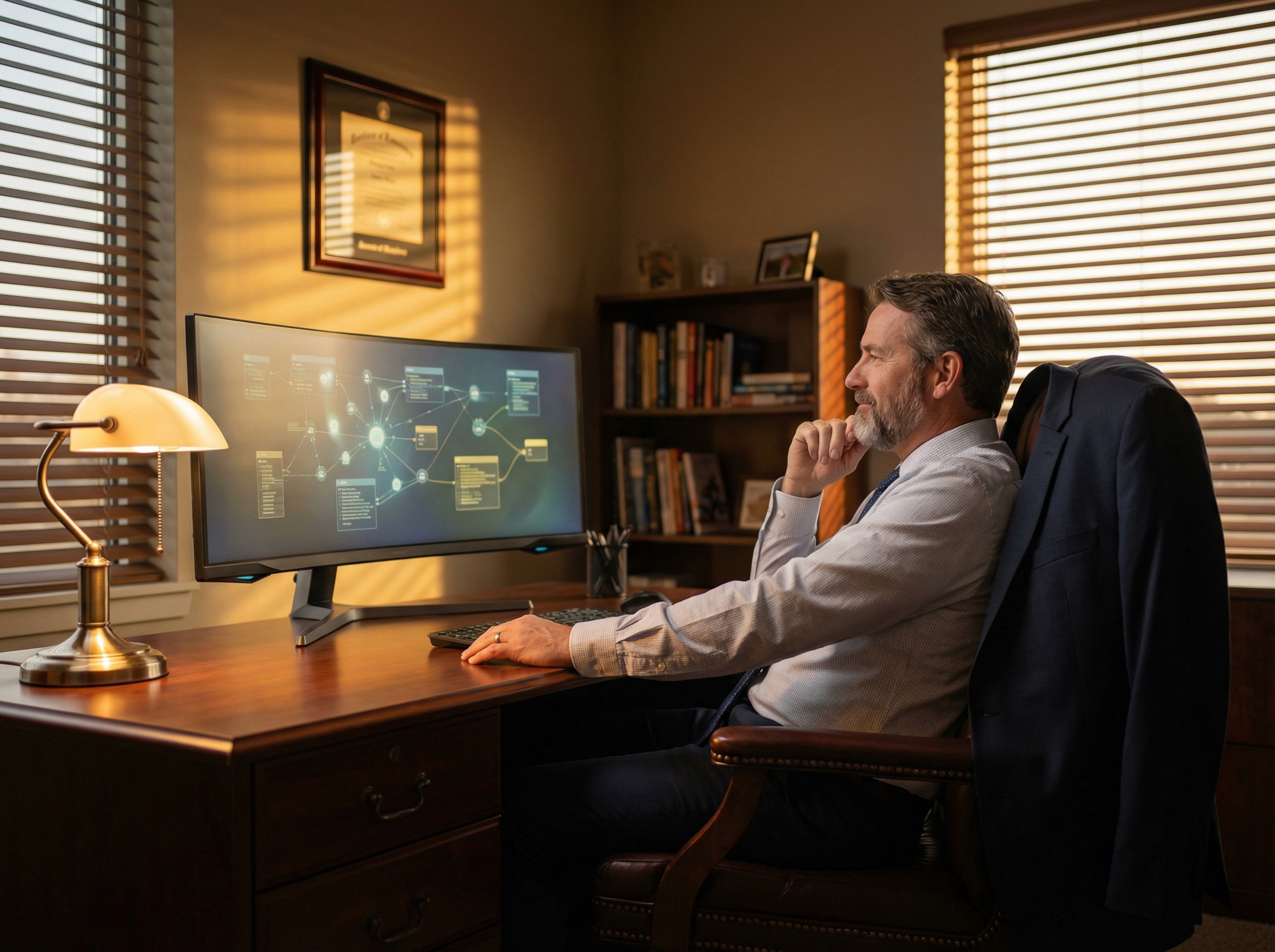 A wide, quiet shot of a WHS director in his early 50s sitting alone at a large desk in a well-appointed office at the end of the working day. The office has warm low light — a desk lamp on, the overhead light off, and the last of the afternoon sun coming through blinds. He is leaning back slightly in his chair, one hand on the desk, looking at a wide monitor with an expression of composed satisfaction — the look of someone reviewing a complete picture and finding it coherent. The monitor shows a connected interface — linked cards, relationship lines, a structured layout — visible as shapes and connections but not legible. 