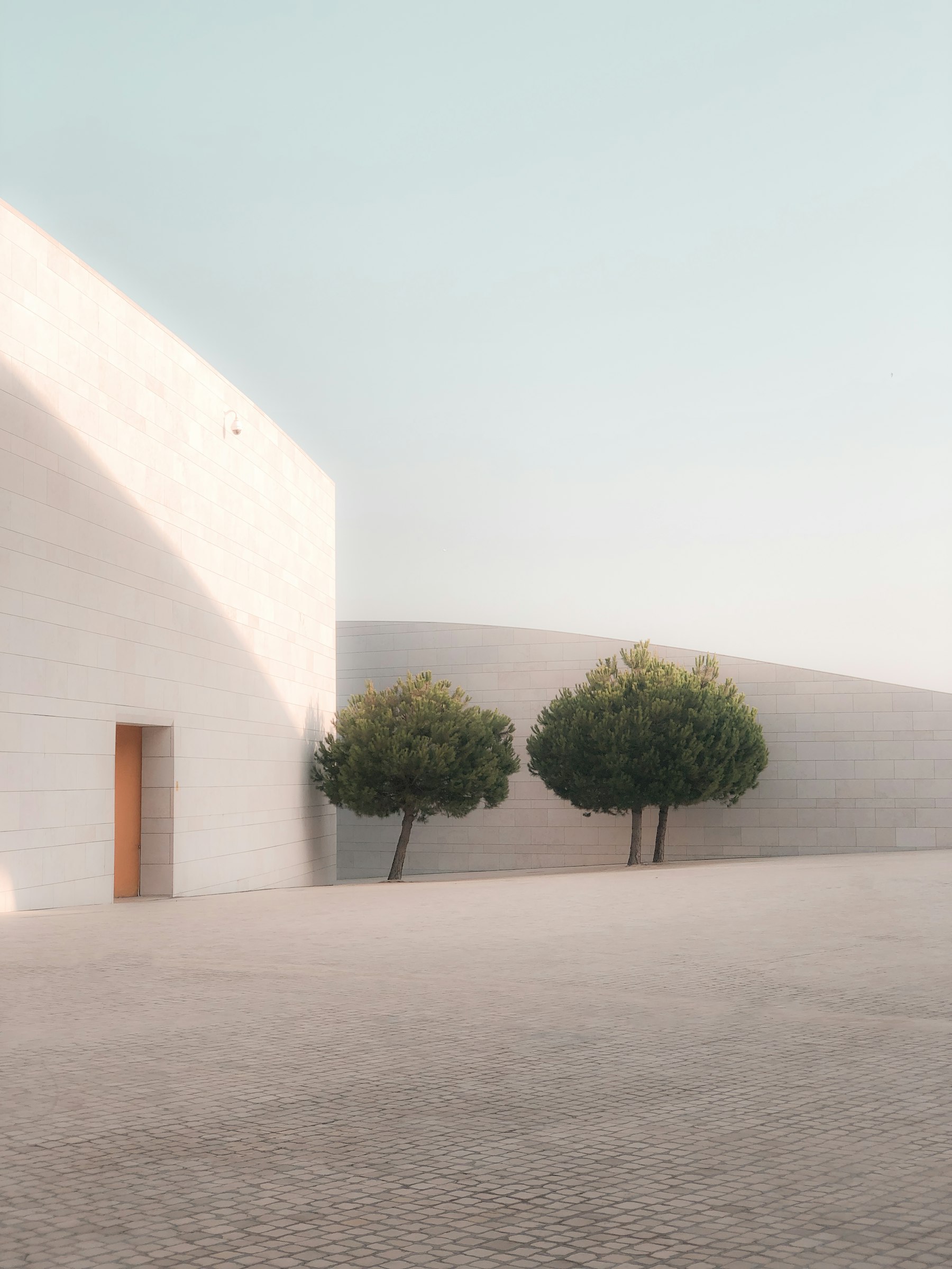 Limestone cultural centre with two pines and a terracotta door in soft daylight