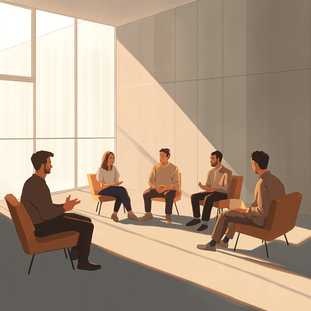 various professionals sitting in chairs in a large well-lit room having an argument