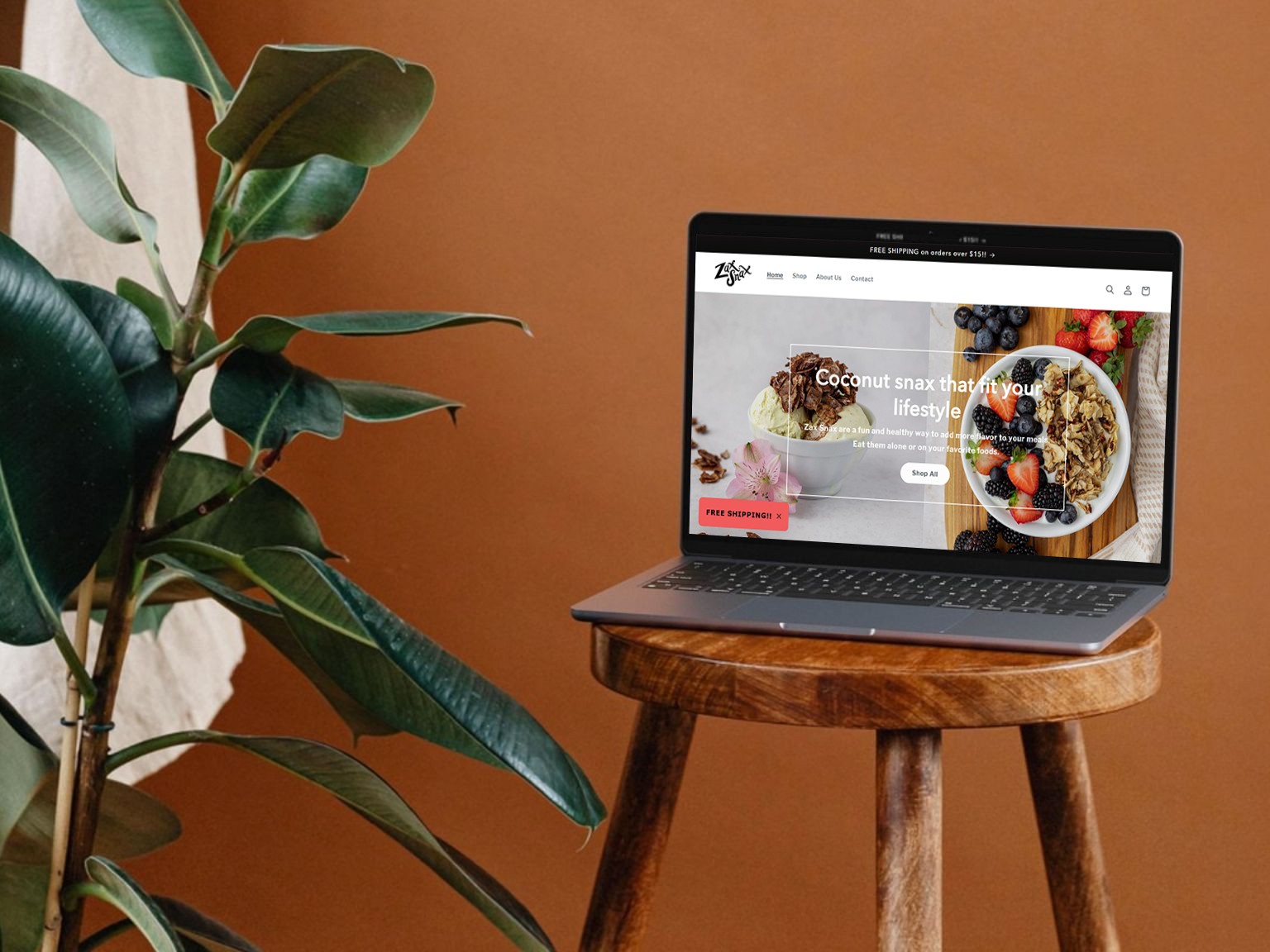 Laptop on a natural backgrond for ZaxSnax redesign