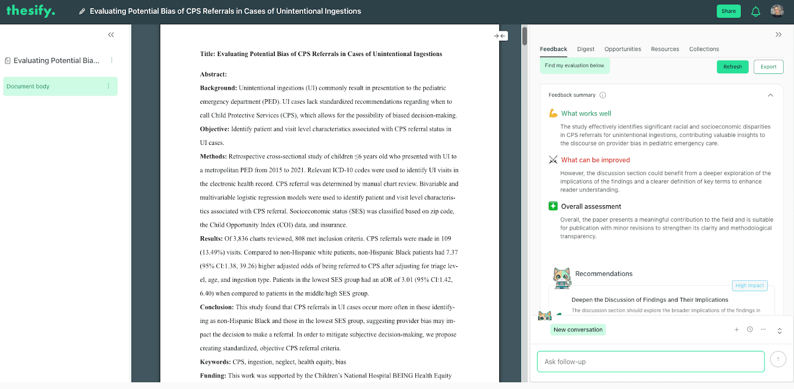 thesify interface showing a manuscript on the left and Theo’s feedback summary and recommendations on the right.