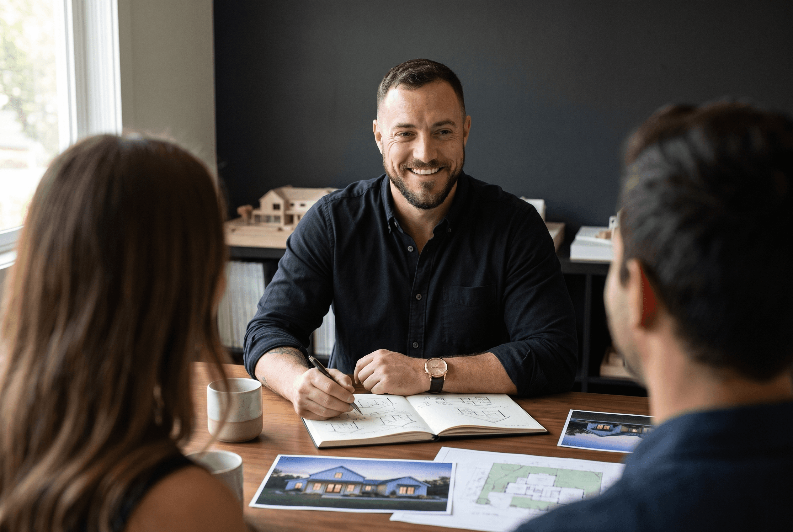 Architect Jonathan Elmore at a first design meeting with a couple, sketching in a notebook with house references and a site plan on the table