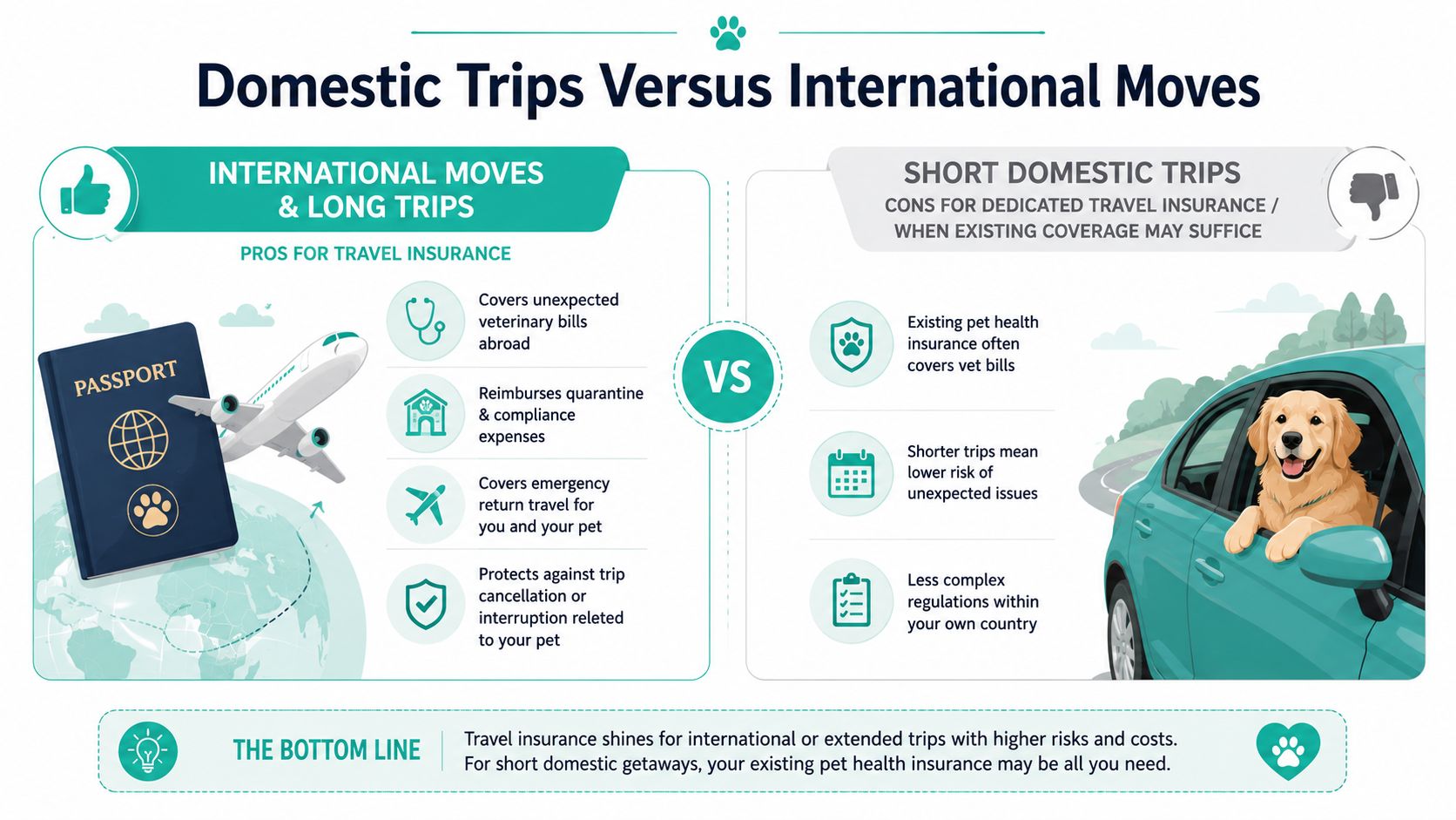 An infographic comparing pros and cons of using pet travel insurance for international versus domestic pet trips.