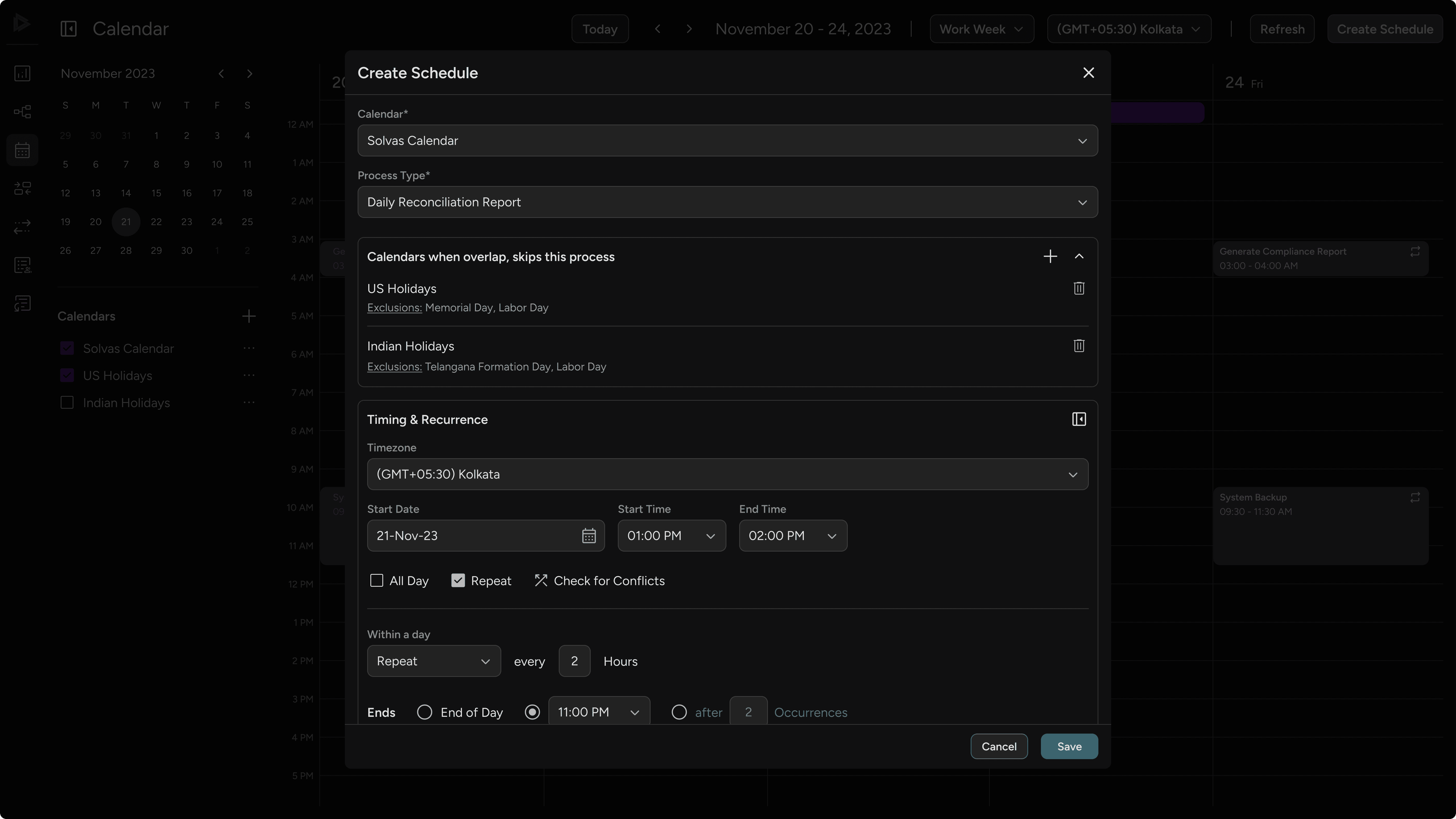 Form to create a schedule by selecting calendar, process, overlap rules, and timing details