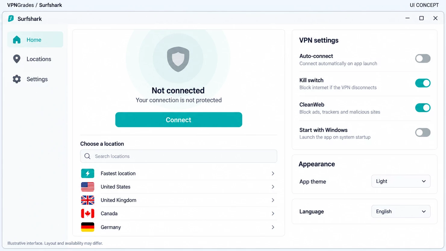 Surfshark: a desktop connection interface (illustration).