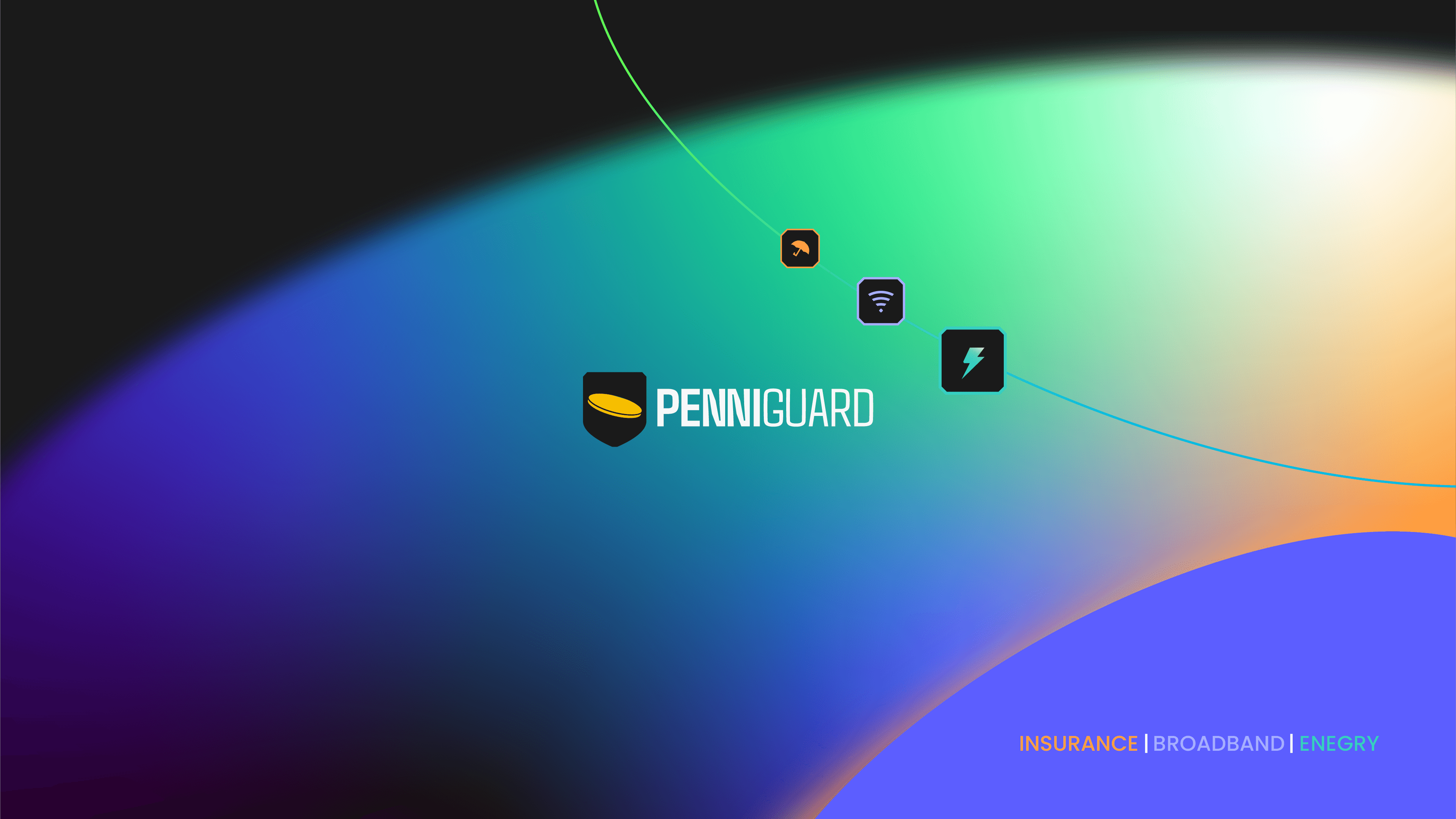 cover image for branding project. Penniguard logo, shield and coin on a colourful gradient background, supporting icons of umbrella, lightning bolt and wifi. 