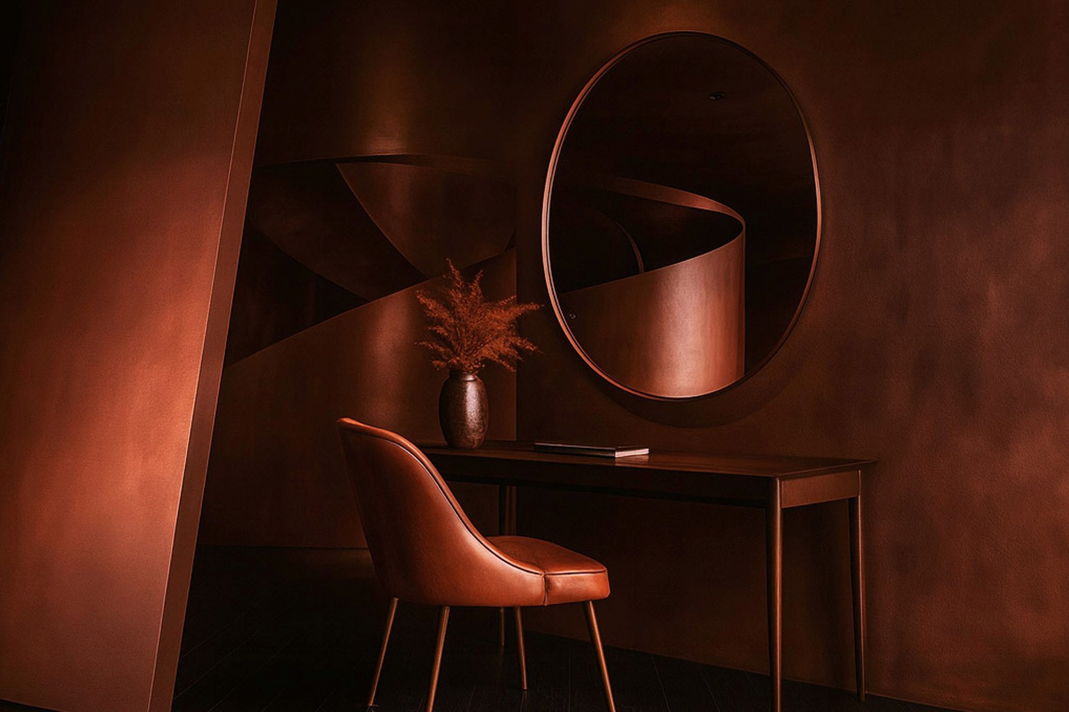 Modern workspace with curved brown walls, stylish desk setup, round mirror, and warm copper lighting.