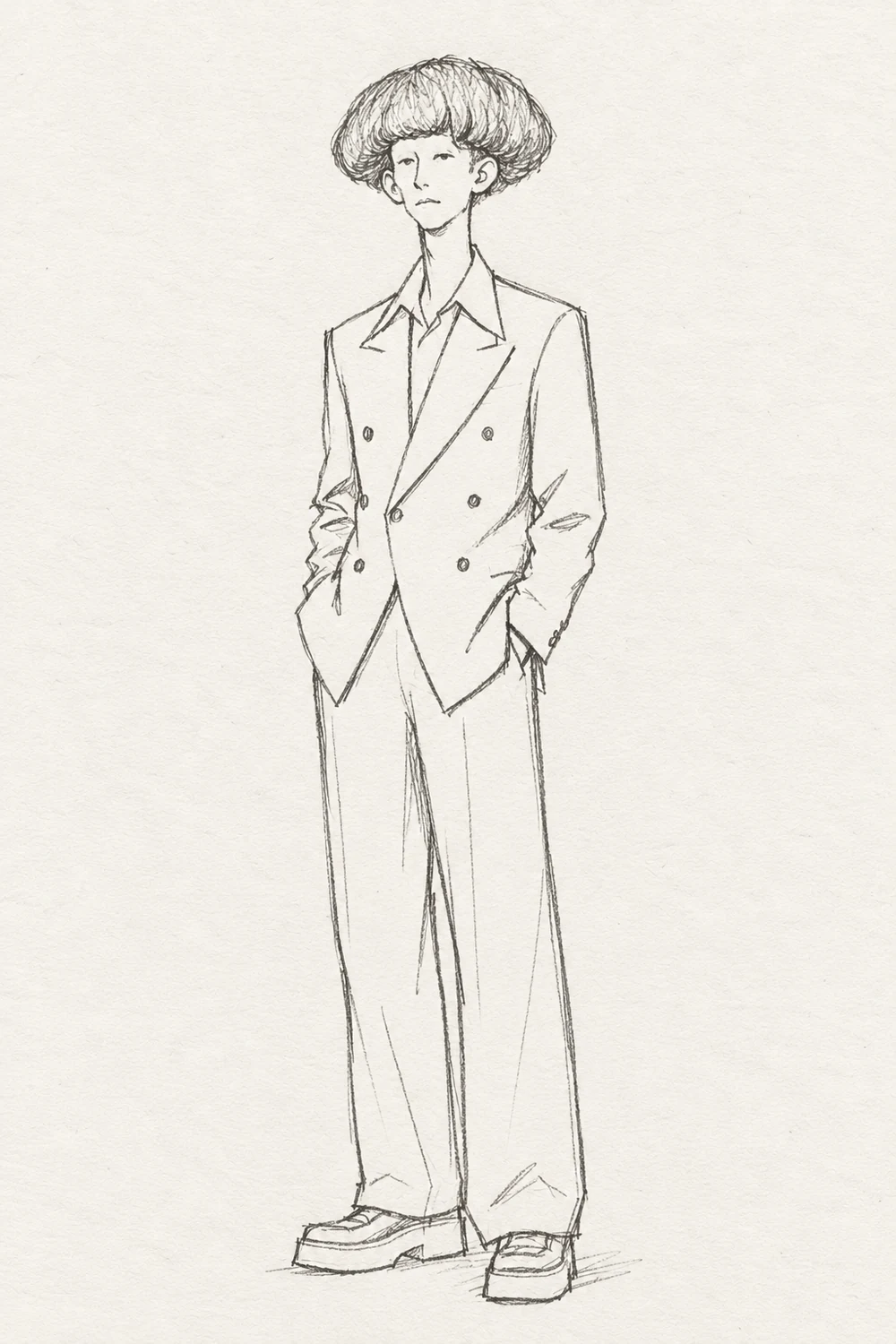 Original pencil sketch of a character in a vintage suit.