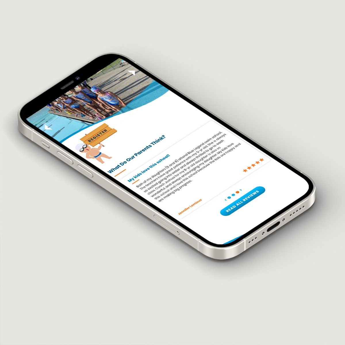 Mobile phone displaying Blue Legend Swim School reviews and parent testimonials.
