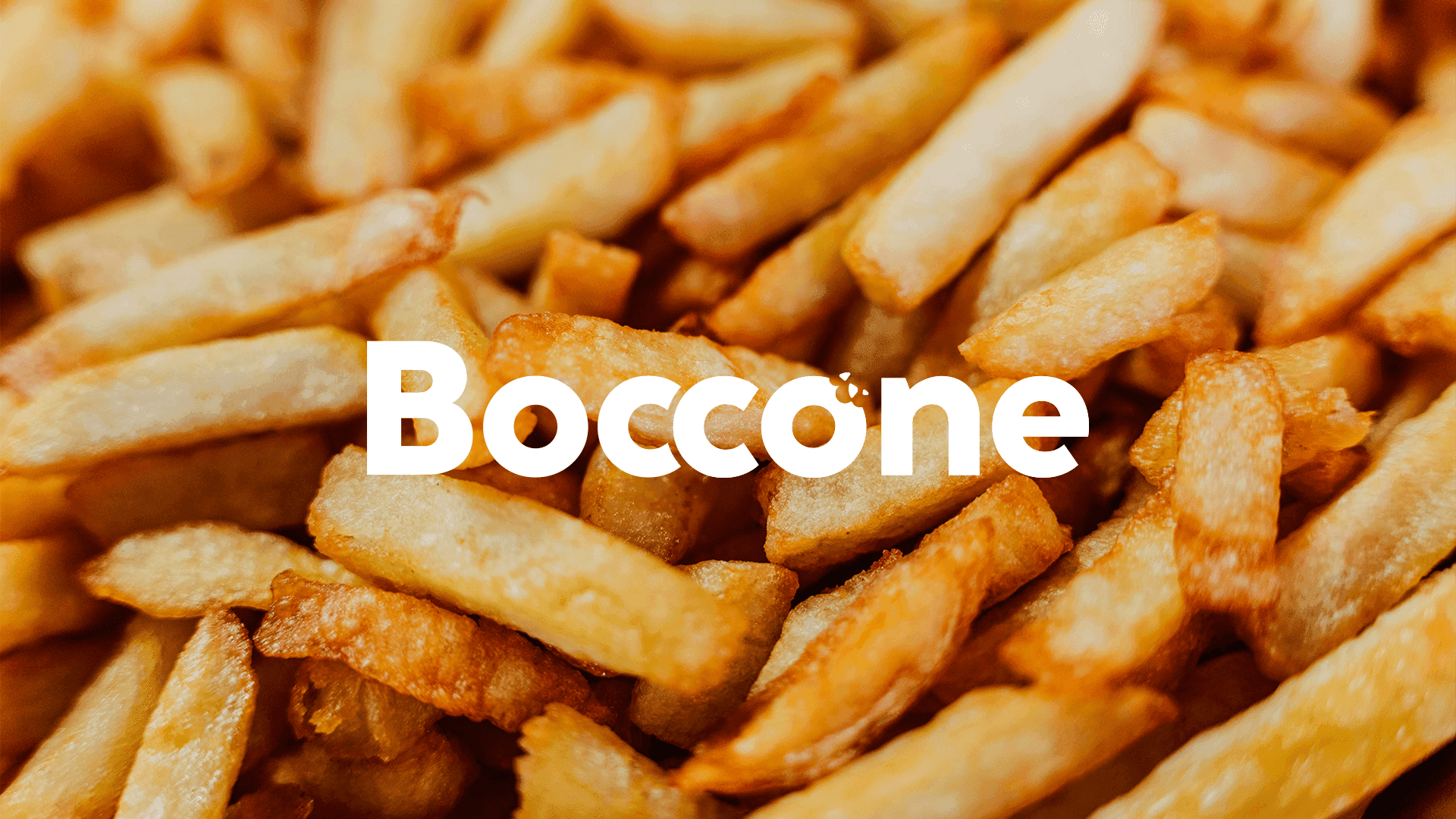 Close-up of golden crispy fries with the Boccone Café logo displayed in bold white text across the center.