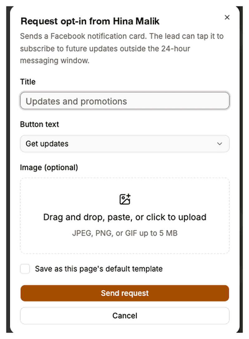 Request opt-in dialog with Title and Button text fields and an optional image upload, above a Send request button.