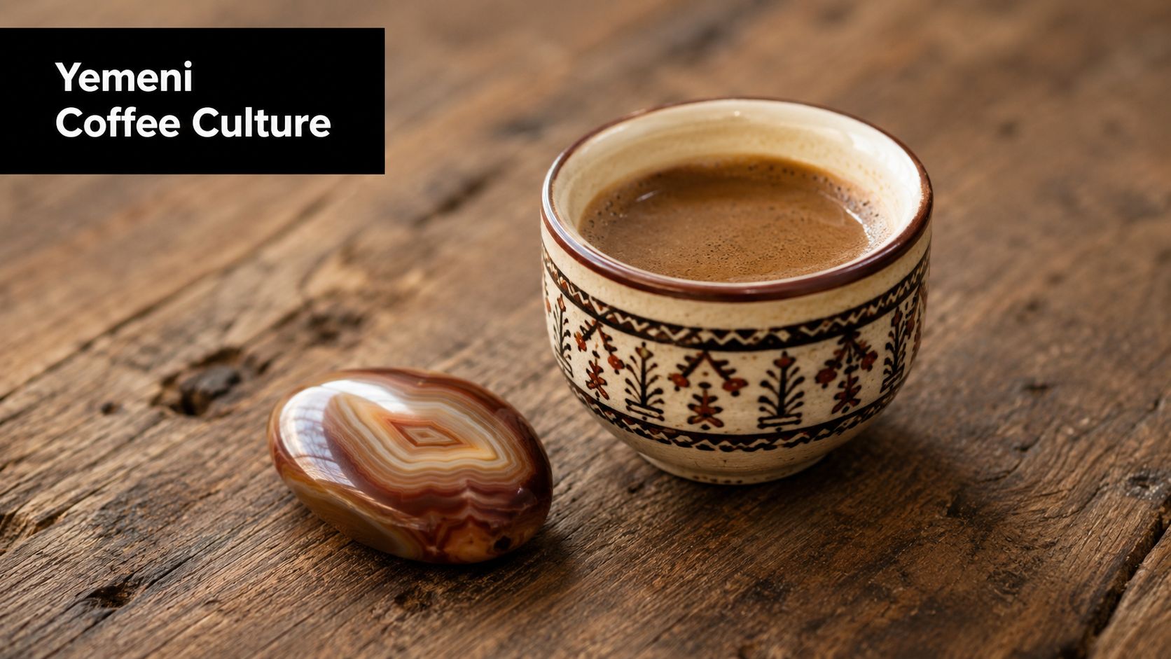 A small, traditional Yemeni coffee cup filled with dark coffee alongside a smooth, patterned agate stone.